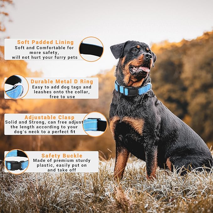 2 Pack Reflective Dog Collar with Safety Locking Buckle, Adjustable Soft Breathable Comfortable Nylon Pet Collar for Small, Medium and Large Dogs, SkyBlue, M