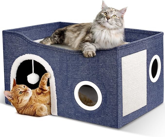 Heeyoo Cat House for Indoor Cats - Large Cat Bed Cave with Fluffy Ball and Scratch Pad, Foldable Cats Houses & Condos, Cat Hideaway, Covered Kitty Bed for Multi Small Large Kitty, 23.8x15.9x13.2 Inch