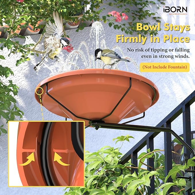 iBorn Bird Bath for Outside,Fence Mounted Bird Baths 12in,BPA-Free Bowl,360°Swivel & Adjustable Height Bracket,Detachable Bird Bath for Fence Railing, Pack of 1