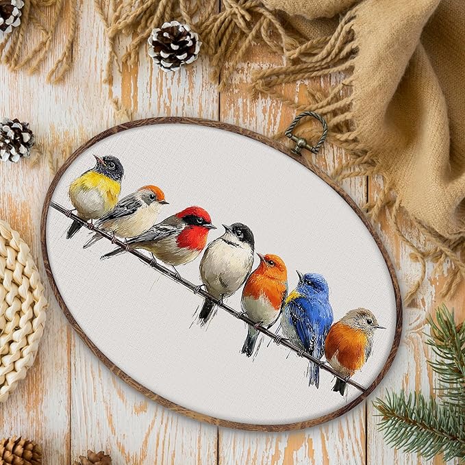 DILSJ Bird Oval Wall Art Decor, Rustic Nature Colorful Sparrow Birds Canvas Wall Art Framed, Watercolor Rustic Sparrow Hanging Decorations for Living Room Bedroom Home, 8.5x11 Inch