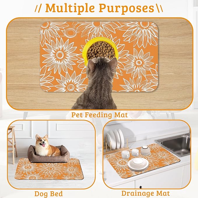 Retro Geometric Aesthetic Dog Food Mat,Orange Absorbent Pet Feeding Mat for Food and Water Bowl,Quick Dry Dog Placemat Non Slip Rubber Backing Waterproof Pet Supplies 16" x 24"