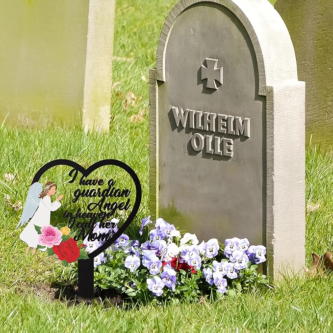 BUoonyer Stake Graves Cemetery Decorations - Mom Metal Memorial Grave Marker, Mother Heart Graveyard Sympathy Plaque, Angel Flower Remembrance Graveside Burial Decor Sign for Outside Yard Garden