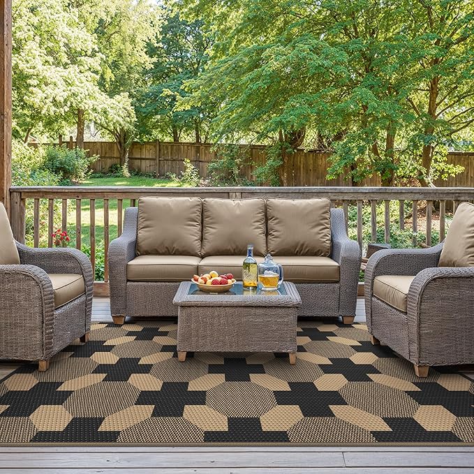 GENIMO Outdoor Rug for Patio Clearance, 6'x9' Reversible Geometric Plastic Straw Rugs, Lightweight Waterproof RV Camping Mat for Camper, Balcony, Deck, Backyard, Picnic, Black Brown