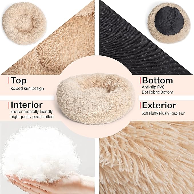 Calming Donut Dogs Beds for Small Dogs Washable,23inch Plush Round Pet Bed for Cozy Sleep,Fluffy Faux Fur Large Cat Bed,Fits up to 25 lbs Pets,Beige