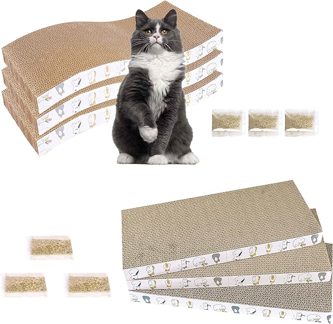 PatiencET Cardboard Cat Scratcher Pads, 6-Pack (3 Flat Double-Sided, 3 Wavy), Catnip Included, for Small and Medium Indoor Cats
