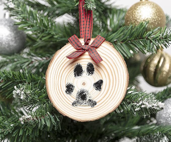 Pearhead Rustic Wood Paw Print Christmas Tree Ornament, Dog or Cat Pawprint Making Kit Included, DIY Personalized Pet Keepsake Ornament, Buffalo Check Hanging Ribbon