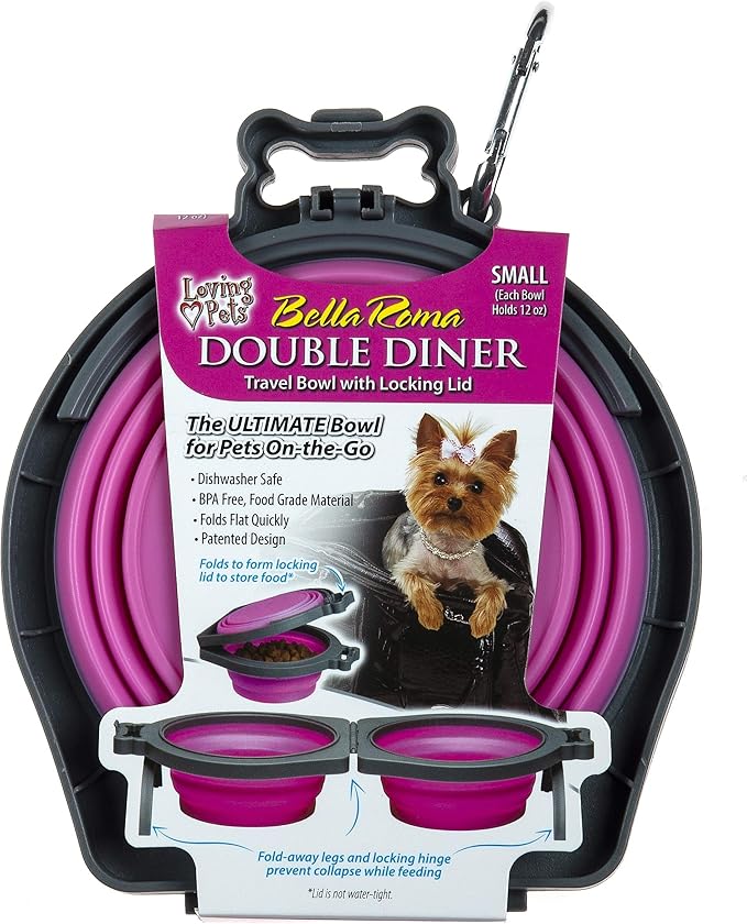 Loving Pets Bella Roma Double Diner Collapsible Dog Bowls - Silicone Dog Bowls, Foldable Bowl, Puppy Essentials & Hiking Pet Supplies Great for Home & Travel (Pink, Small)
