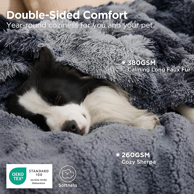 Bedsure Waterproof Dog Blankets for Large Dogs - Cat Blanket for Bed Couch Protector Washable Long Faux Fur, Calming Soft Reversible Throw Furniture Protection for Puppy Pet, 60"x80", Tie-dye Grey