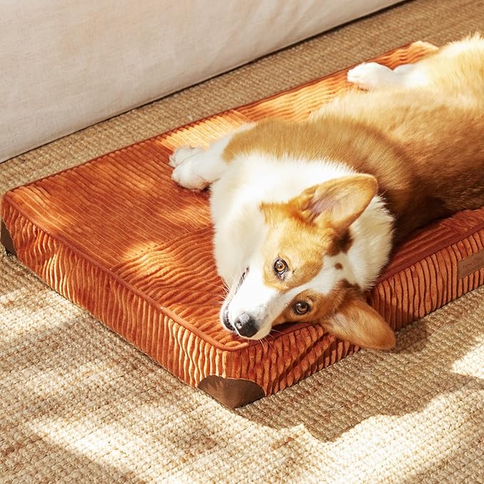FUKUMARU Dog Bed, Thickened Corduroy Orthopedic Dog Beds with Washable Cover, Large Waterproof Dogs Bed for Crate, 28D Egg Crate Foam Support Pet Mat, Cozy Pet Bed Pad with Anti-Slip Bottom, Orange