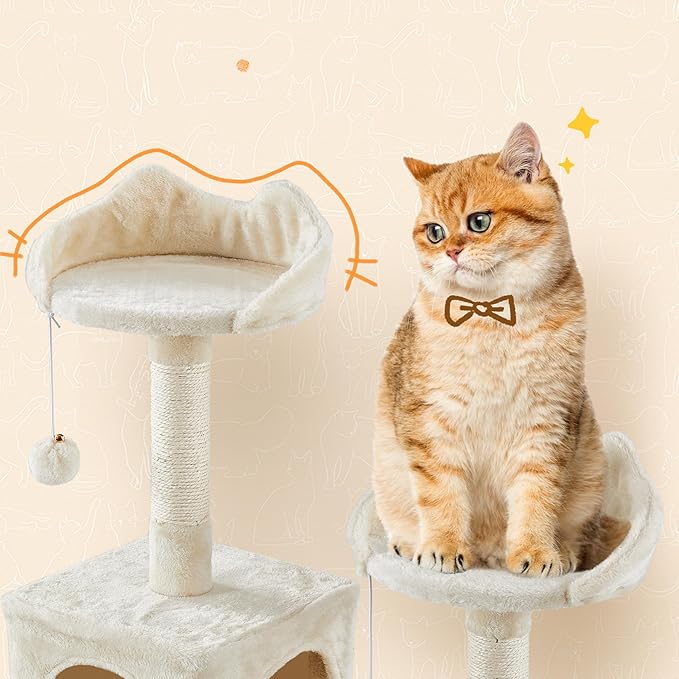 Yaheetech Cat Tree, 82.5in Large Tower w/Hammock, 2 Kitty-Ear Perches, 2 Cozy Condos, Scratching Posts, Basket, Furniture for Large Cats, Kittens, Beige