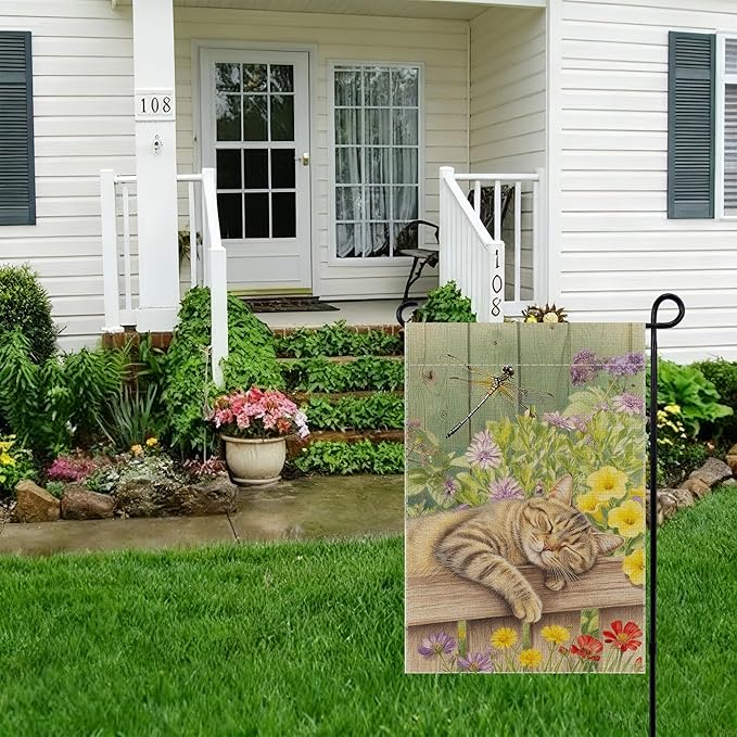 Sleeping Cat Garden Flag Double Sided Home Decorative, Spring Summer Garden Flag Lawn Yard House Outdoor Decor 12 x 18 inch