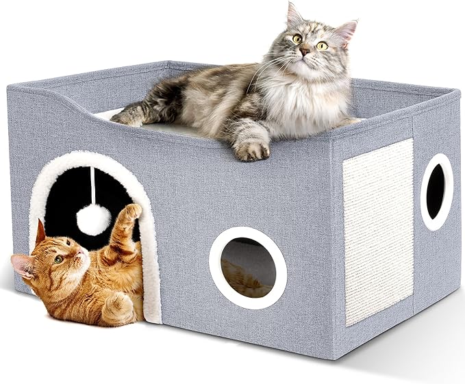 Heeyoo Cat House for Indoor Cats - Large Cat Bed Cave with Fluffy Ball and Scratch Pad, Foldable Cats Houses & Condos, Cat Hideaway, Covered Kitty Bed for Multi Small Large Kitty, 23.8x15.9x13.2 Inch