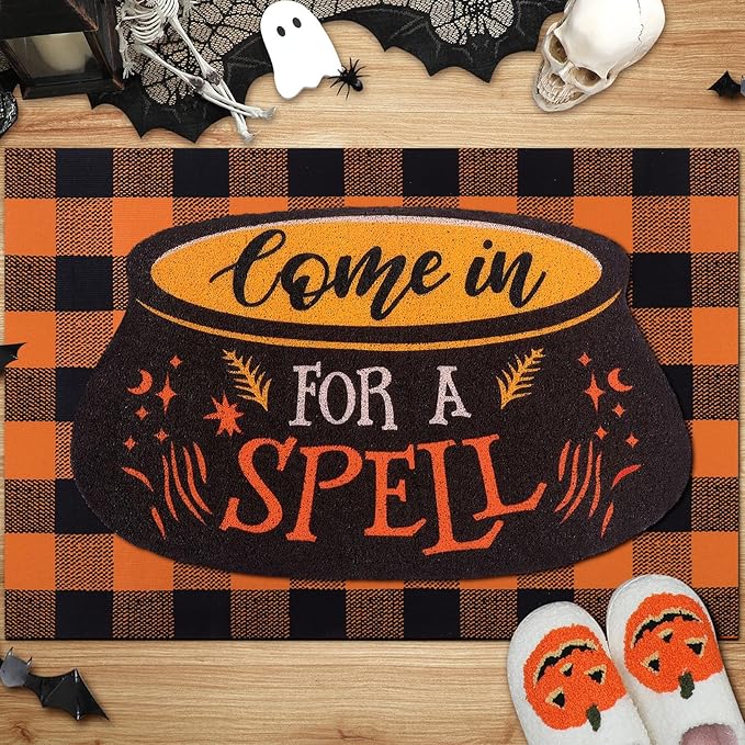 Tinideya 2 Pcs Halloween Door Mat Come in for A Spell Welcome Non Slip Coir Mats Funny Black Orange Buffalo Plaid Floor Layering Doormats Seasonal for Front Porch Entryway Decor(Come in for A Spell)
