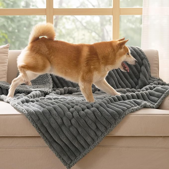 Bedsure ComfyFleece™ Waterproof Dog Blankets for Large Dogs - Soft Pet Cat Blanket Corduroy Fleece for Couch Protector Washable, Cozy Calming Reversible Furniture Protection,40"x50", Warm Grey