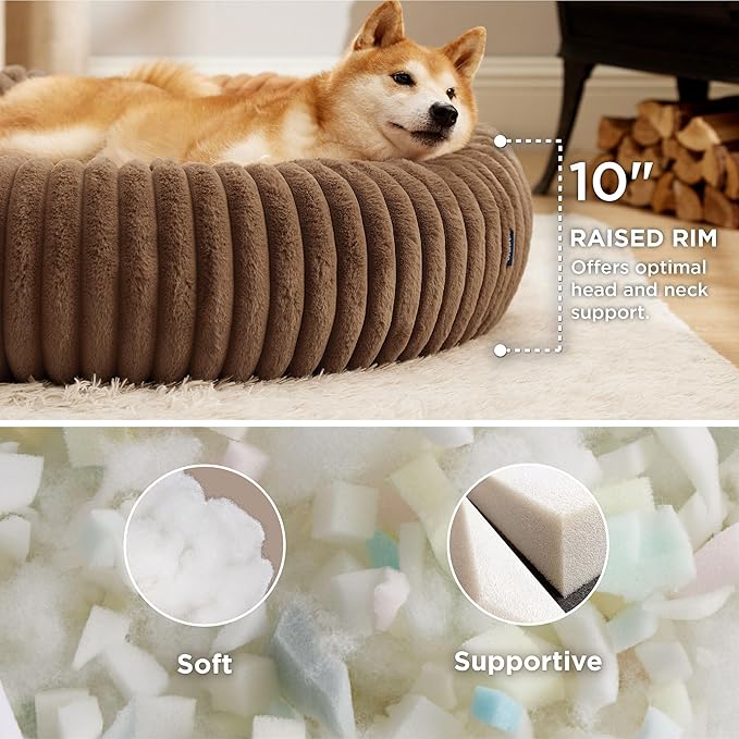 Bedsure ComfyFleece™ Donut Large Dog Bed - Washable Faux Fur with Corduroy Fleece & Anti Slip Bottom, Round Pet Bed with Removable Cover, Camel Brown, 36x36x8 inches