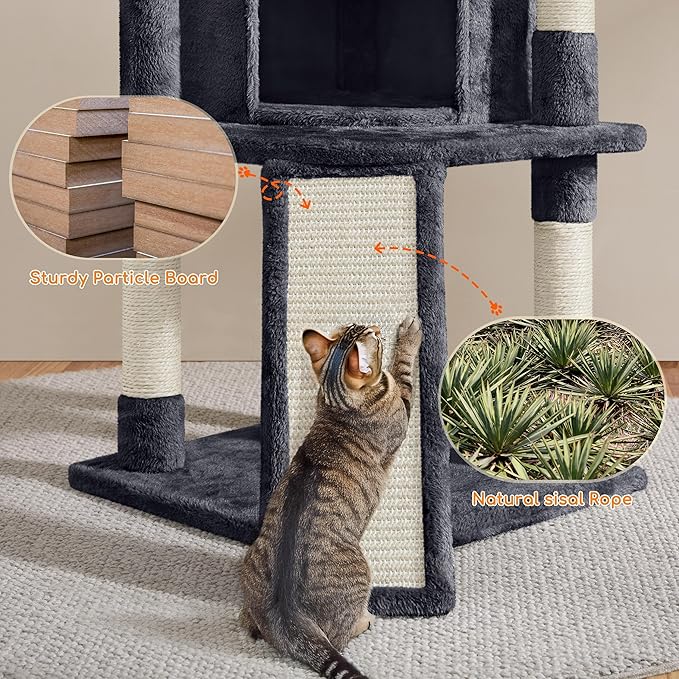 Yaheetech 42in Cat Tree Tower for Indoor Cats, Kitten House with Large Perch & Scratching Posts & Cozy Condo & Scratching Ramp, Pet Furniture Activity Center, Dark Gray