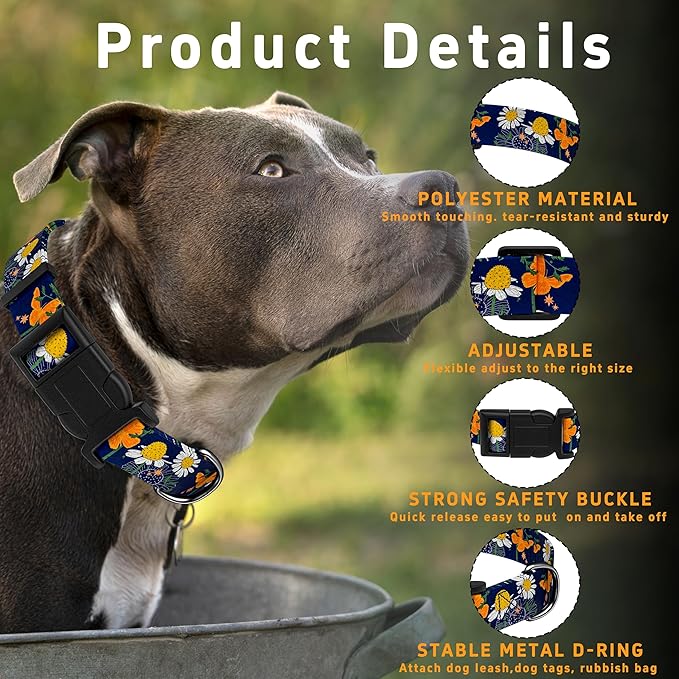 Dog Collar with Butterflies Print, Daisy Boys Girls Puppy Collar for Small Medium Large Dogs, Adjustable Soft Floral Pet Collar with Safety Buckle for Male Females(Blue Butterfly,S)