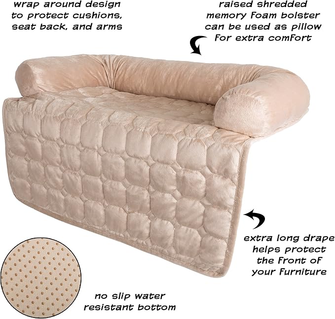 Couch Cover for Dogs – 30x30.5 Pet Furniture Protector with Memory Foam Bolster, Quilted Fabric, Non-Slip Water-Resistant Base by PETMAKER (Beige)