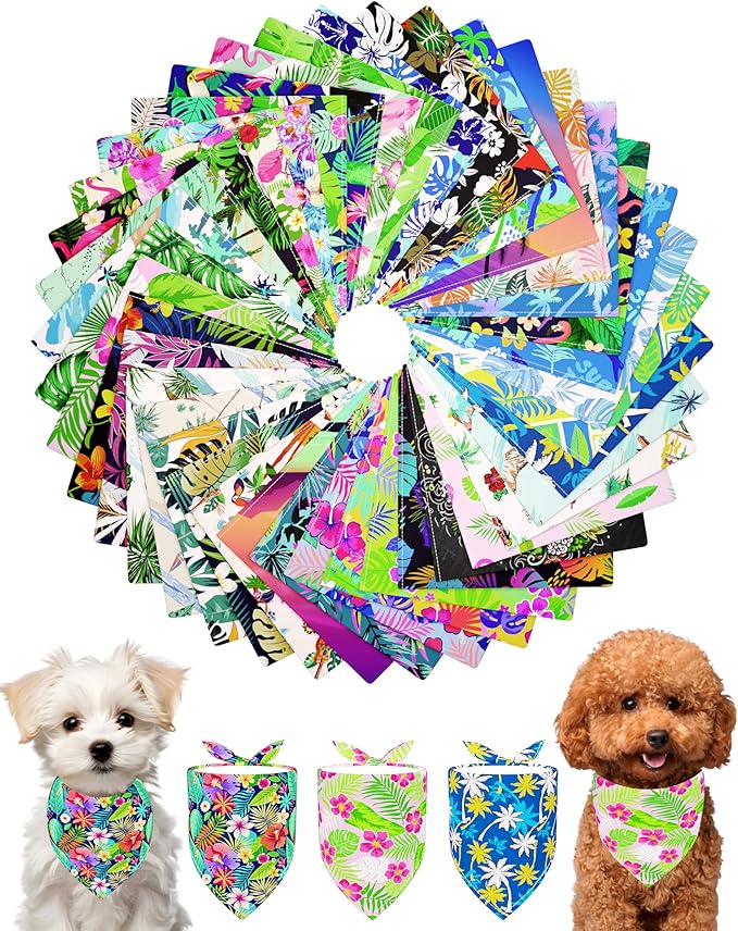 PET SHOW 50 Pack Hawaiian Dog Bandanas Bulk for Small Dogs Cats Puppys XS Washable Adjustable Dog Scarf Triangle Bibs Pet Red Pink Decorative Grooming Accessories