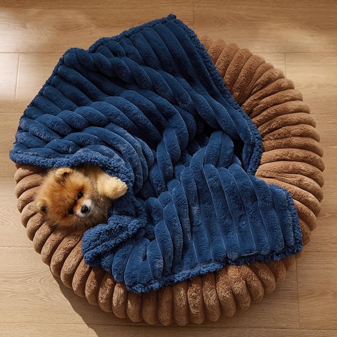 Bedsure ComfyFleece™ Waterproof Dog Blankets for Small Dogs - Soft Puppy Cat Blanket Corduroy Fleece Washable, Cozy Calming Reversible Furniture Protection for Pet Kitten Doggy,25"x35", Navy Blue