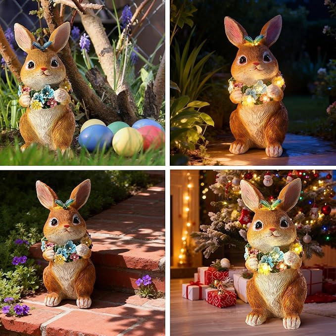 Solar Garden Statues Outdoor Easter Bunny Decorations with Butterfly & Flowers Spring Decor with 6 LED Night Accent Lights for Patio, Yard & Lawn, Easter Gift for Mom, Valentines Day Figurine