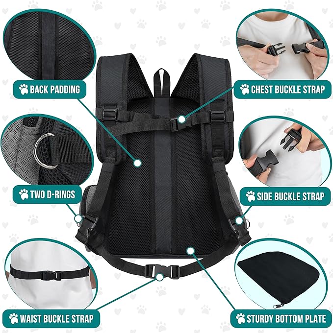 PetAmi Front Carrier Backpack for Dogs and Cats - Ventilated Adjustable Pet Chest Carrier for Hiking, Camping, Travel - Small to Medium Pets Up to 10 lbs - Grey