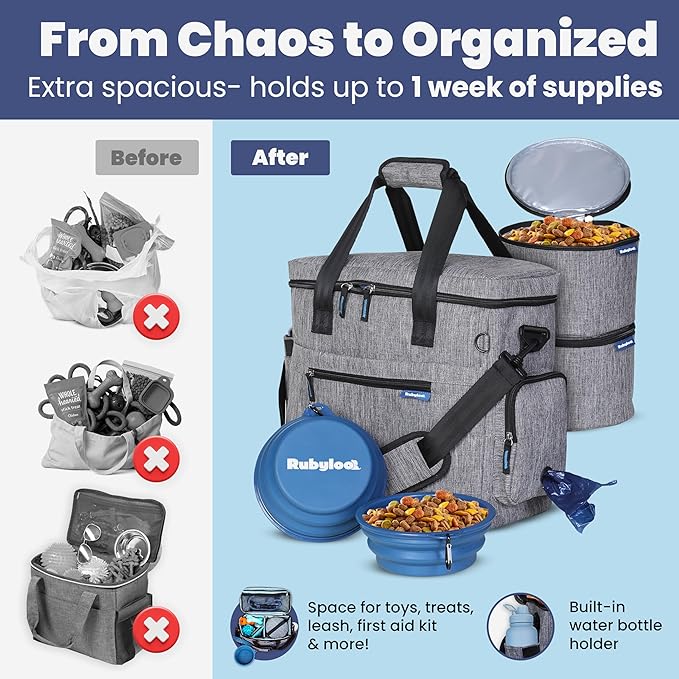 The Original Doggy Bag™ - Complete Dog Travel Bag for Supplies with 2 BPA-Free Travel Dog Bowls & 2 Pet Food Containers - Traveling Kit for Road Trips, Camping, Weekend Away or Doggy Gift: Grey