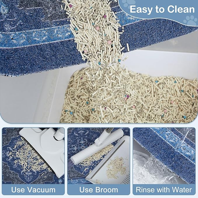 Bienbee Cat Litter Mat, 33" x 22" Large Size Litter Box Mat Rug with Non-Slip Bottom,Urine and Water Proof, Easy to Clean Cat Supplies Essentials for Indoor Kitty Kitten Floor,Navy Geometric L