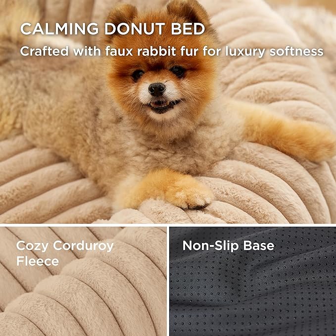 Bedsure ComfyFleece™ Donut Small Dog Bed - Dog Beds for Small Dogs with Corduroy Fleece & Anti Slip Bottom, Round Faux Fur Pet Beds with Washable Removable Cover, Sandy Beige, 23x23x7 inches