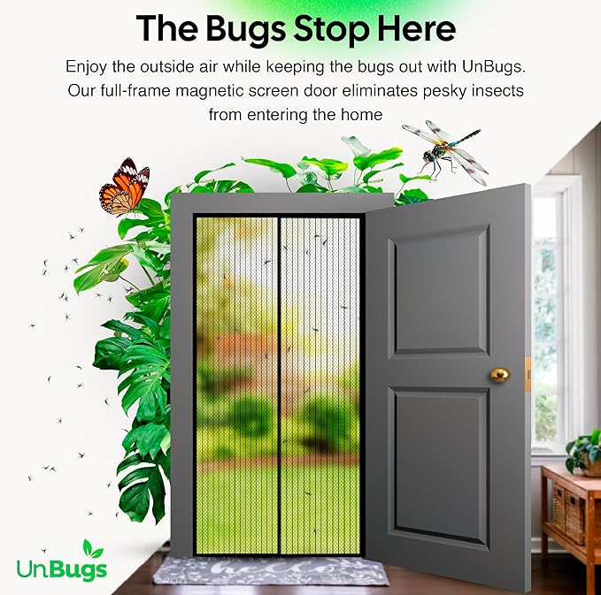 UnBugs Magnetic Screen Door - Fits Doors up to 38 x 82 Inches MAX - Pet & Kid Friendly, Self-Closing - Hands Free Magnet Closure Keeps Bugs Out & Breeze in