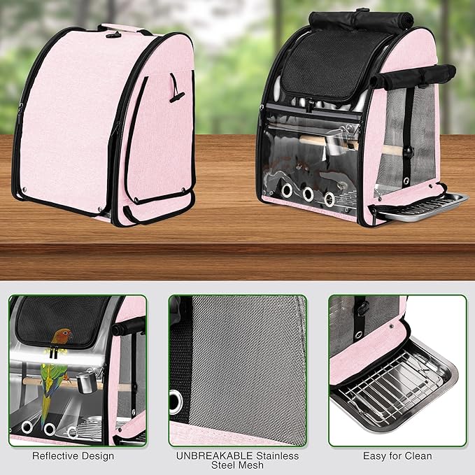 SUERTREE Bird Carrier Bag with Indestructible Stainless Steel Mesh, Bird Travel Cage with Stand, Easy to Clean Backpack for Parrot, Portable Bird Travel Bag, Pink