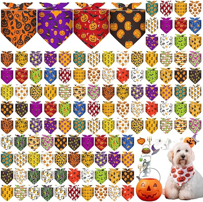 Sanwuta 120 Pcs Halloween Dog Bandanas Bulk Skeletons Pumpkin Bat Skull Ghost Spider Pet Costumes Scarf Washable Pet Scarves Adjustable Bibs for Small and Medium Pets, 30 Styles(Halloween)