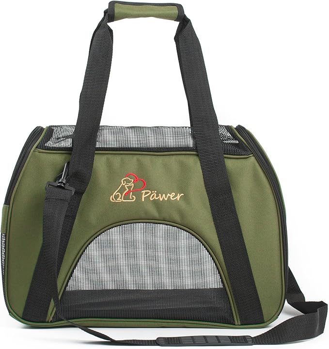 Pawer Soft-Sided Pet Carrier for Cat and Small Dog,Olive Color,Medium Size,Washable 600D Oxford Cloth Airline Approved Travel Tote,with 2 Mesh Opens and a Strap for Carry,Multiple Colors Available