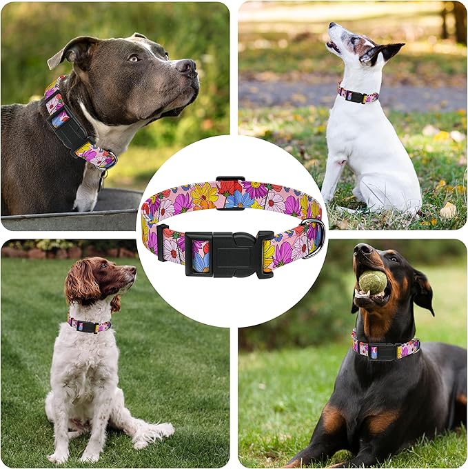 Dog Collar, Pink Floral Boys Girls Puppy Collar for Small Medium Large Dogs, Adjustable Soft Floral Pet Collar with Safety Buckle for Male Females(Pink Floral, L)