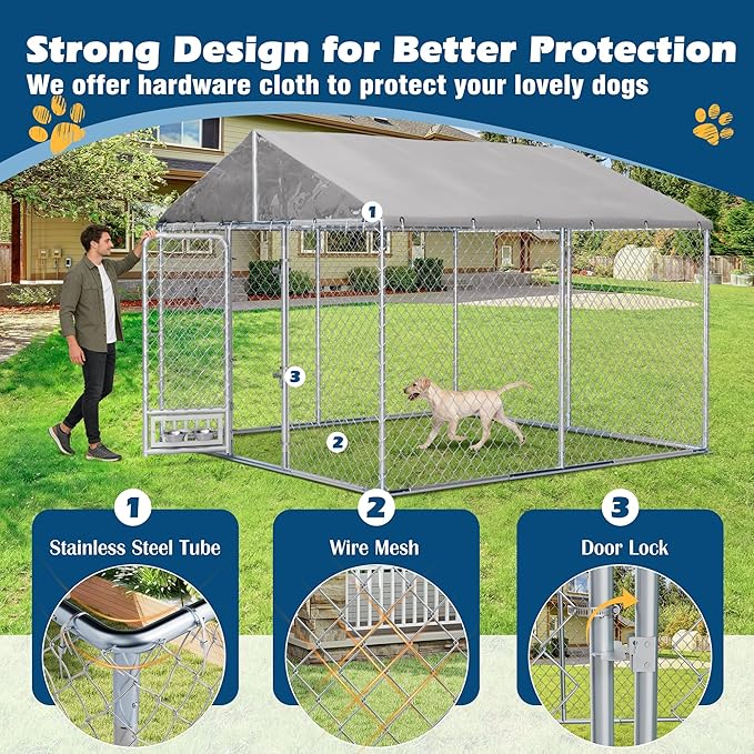 10×10×7 FT Outdoor Dog Kennel with Roof, Dog Enclosure w/Rotating Feeder, Large Heavy Duty Dog Run Playpen w/2 Stainless Bowls, Galvanized Pet House w/Secure Lock, Waterproof Cover