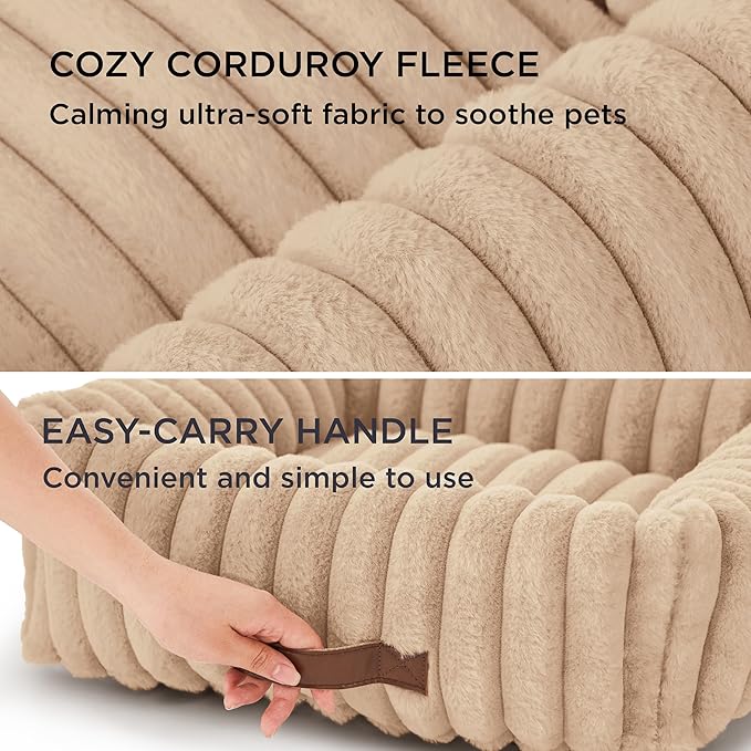 Bedsure ComfyFleece™ Cute Dog Bed for Small Dogs & Cats - Washable Furry Puppy Beds, Rectangle Orthopedic Corduroy Fleece Pet Beds with Removable Zipper Cover, 20x19x6inches, Sandy Beige