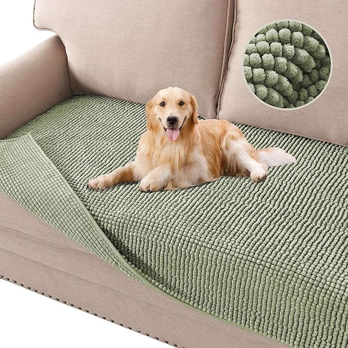 H.VERSAILTEX Plush Chenille Dog Bed Cover Thick Soft Sofa Covers Loveseat Cover for 2 Cushion Couch Anti Slip Couch Cover Furniture Protector for Dog, Pet, Cat (35" x 62", Sage)