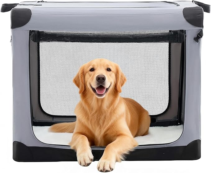 Dog Travel Crate 36 Inch, Portable Soft-Sided Travel Carriers for Dogs and Cats, Foldable Pet Kennel with 3-Doors Mesh Windows Indoor & Outdoor, Grey