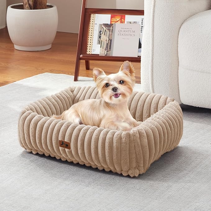 Washable Dog Bed for Small Medium Dogs - Rectangle Orthopedic Corduroy Fleece Pet Bed with Removable Cover and Nonskid Bottom, Calming Puppy Bed Soft Pet Sofa, Camel(20x19x6inchs)