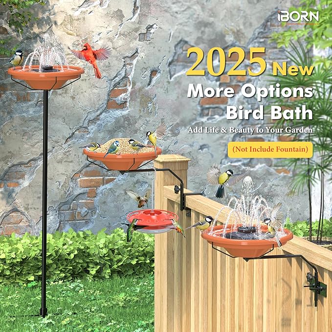 iBorn Bird Bath for Outside,Fence Mounted Bird Baths 12in,BPA-Free Bowl,360°Swivel & Adjustable Height Bracket,Detachable Bird Bath for Fence Railing, Pack of 1