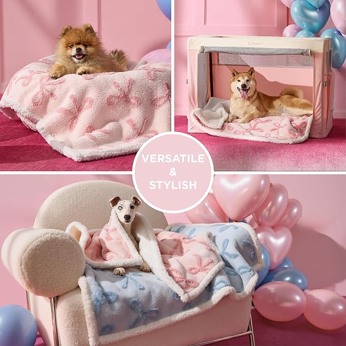 LE SURE Waterproof Puppy Blanket for Small Dogs - Washable Double Sided Dog Blankets with Warm Jacquard Shag and Soft Sherpa Fleece, Pet Cat Blanket for Couch Protection, Bow Design，Pink Taffy