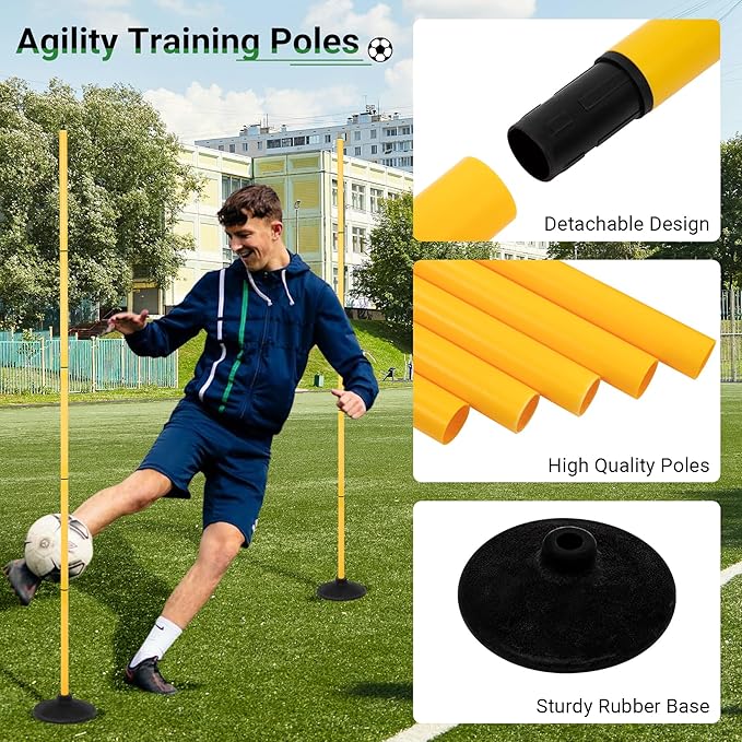 6 FT Agility Poles for Soccer, Basketball, Football, Equestrian, Pet Training, 4/6/8/10 Pack Detachable Soccer Poles w/Rubber Bases, Pole Bending Poles for Horses, Indoor/Outdoor Use