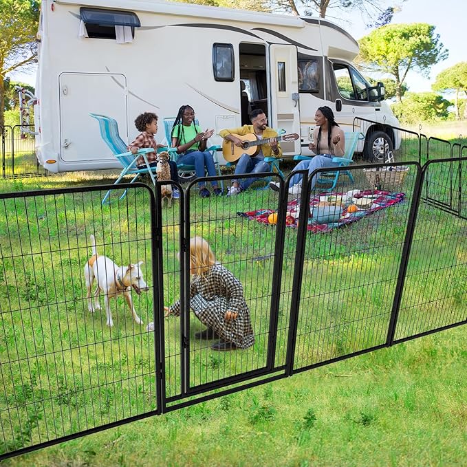 Dog Playpen Outdoor Extra Wide 8 Piece Panels Heavy Duty Dog Fence 47" Height Anti-Rust with Doors Portable for RV Camping Yard, Total 21FT, 35 Sq.ft, Snowy Black