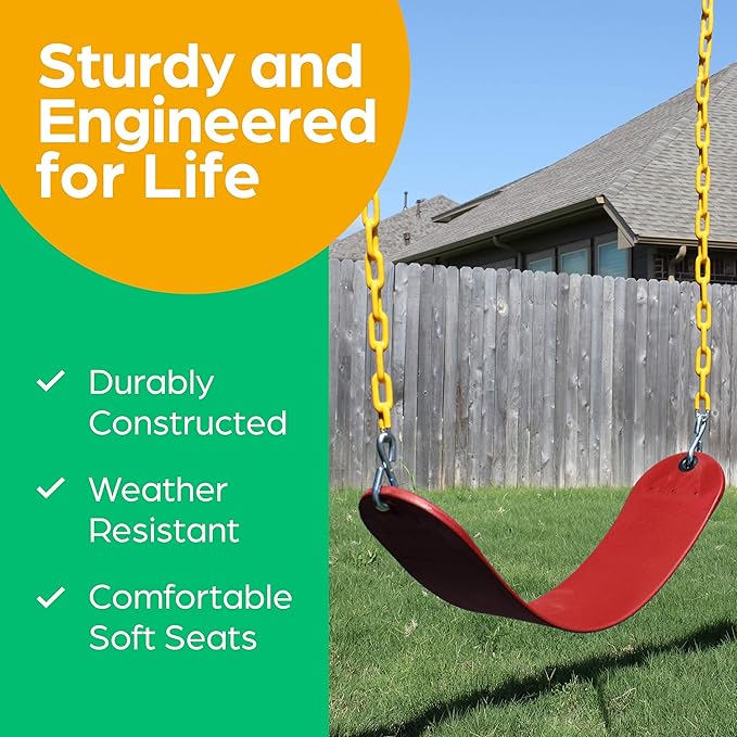 Jungle Gym Kingdom Outdoor Swing Seat Replacement - Pack of 1 Replacement Swings for Swingsets for Outside with Plastic Coated Chains and 2 Hooks, Playground Accessories, Red