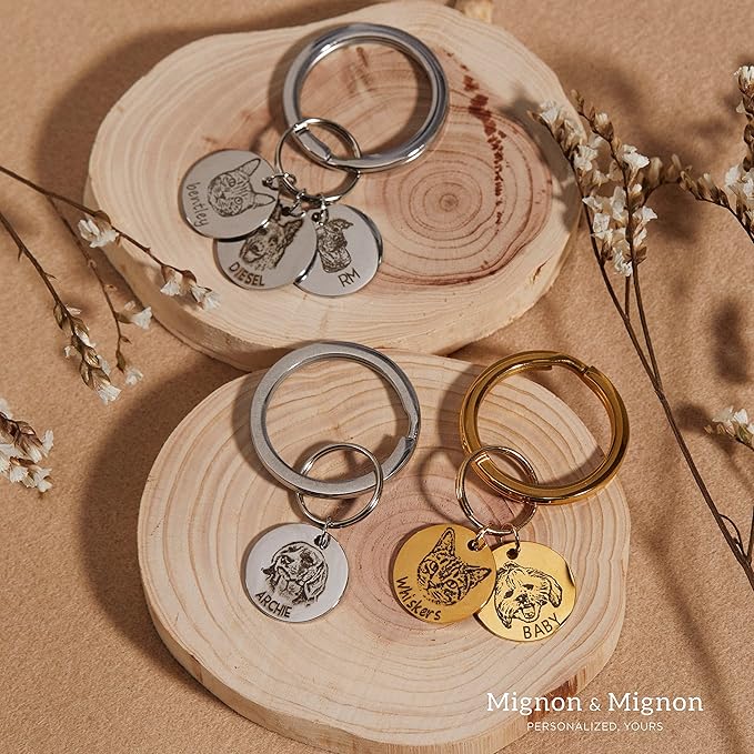 MignonandMignon Custom Pet Portrait Keychain Personalized Multiple Dog Cat Photo Engraved Memorial Christmas Gifts -LCKR-AP