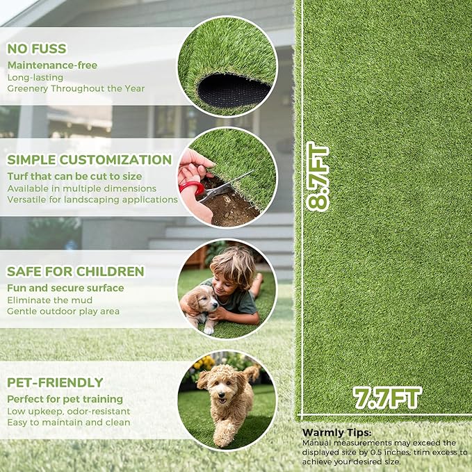 Artificial Grass Rug Indoor Outdoor, 7.7 x 8.7FT Faux Grass Turf with Drainage Holes, Realistic Artificial Lawn Rug Dog Pets Mat, Turf Carpet for Garden Lawn Landscape Balcony Patio Backyard Decor