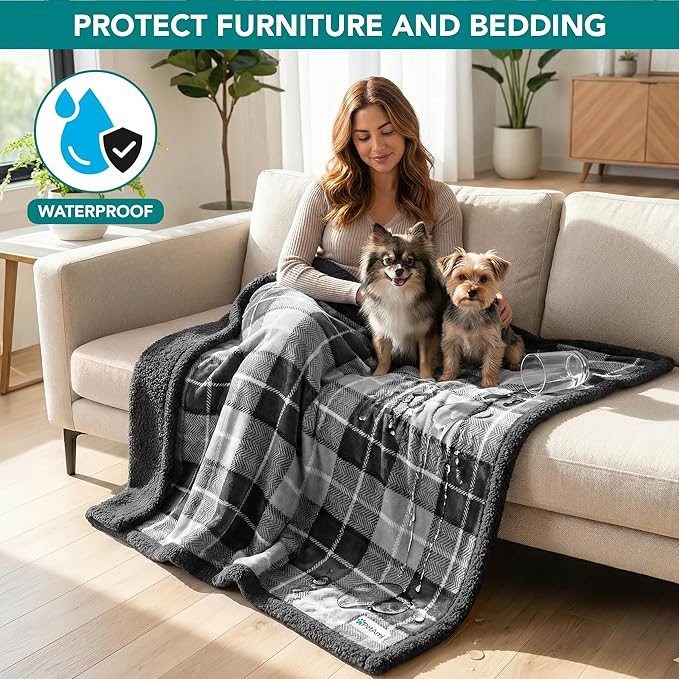 PetAmi Waterproof Dog Blanket for Medium Large Dog Puppy Cat Throw for Couch Cover Leakproof Protection, Sherpa Fleece, Reversible Soft Washable 60x40 Plaid Charcoal Gray