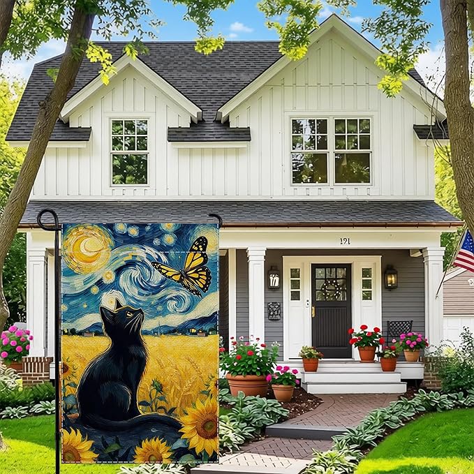 Spring Summer Garden Flag Van Gogh Starry Night Black Cat Banner - Monarch Butterfly Sunflower Art Outdoor Decor for Porch Yard Patio Decorations