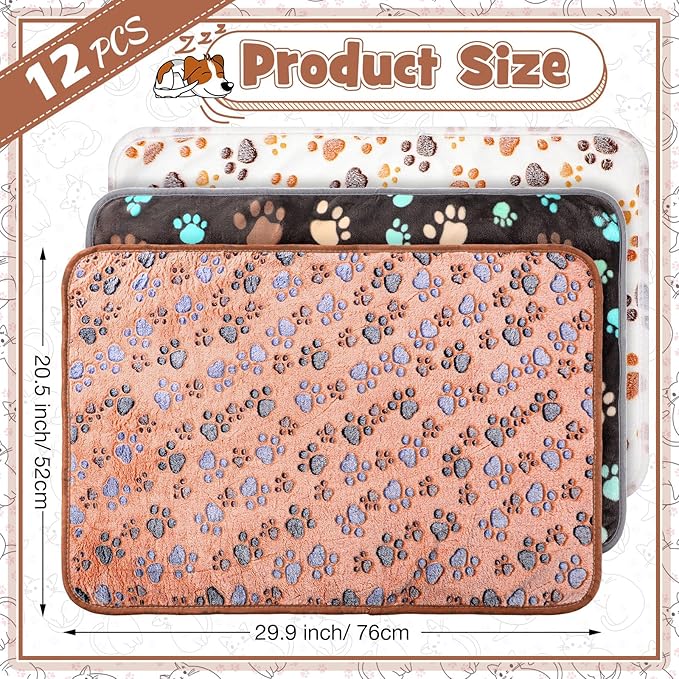 Tegeme 12 Pcs Pet Blankets Soft Fluffy Fleece Dog Cat Warm Paw Print Pattern Blankets Flannel Throw for Pets Dog Puppy Cat(30 x 20 Inch,Dark Gray, White, Camel)