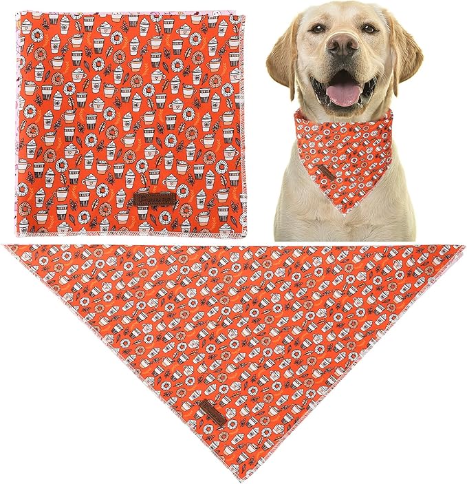 Fall Dog Bandana, Autumn Triangle Bid Scarf with Cup,Doughnut Pattern, Cotton Pet Kerchief for Girl Boy Dogs or Cats, Cute Puppy Bandana Fancy Bandana for Dogs